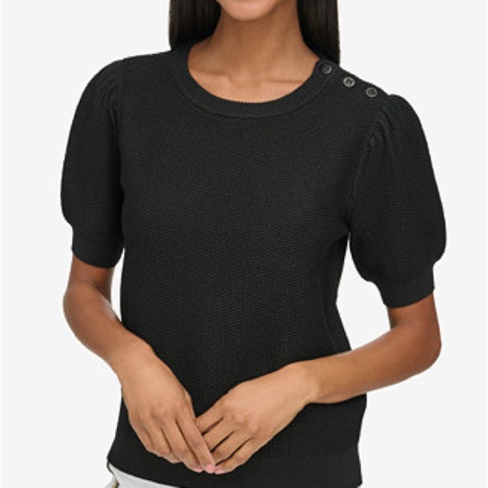 #58 NWT Karl Lagerfeld Black Short-Sleeve Puff Knit Top with Shoulder Buttons
